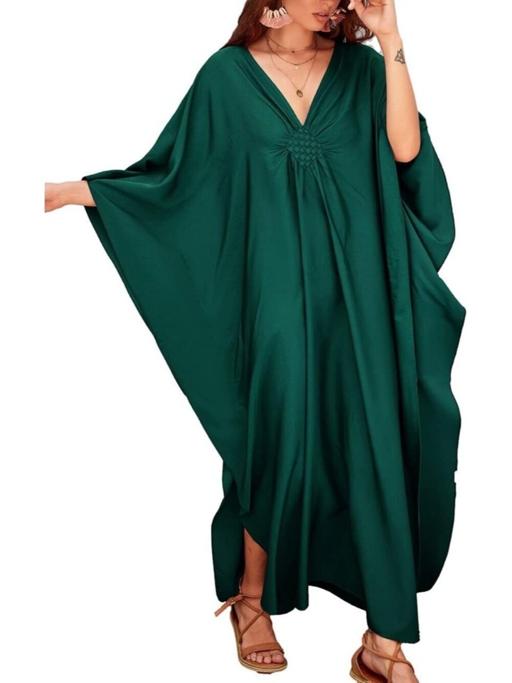 Women's Plus Size Dark Green Kaftan Maxi Dress V Neck Batwing Swimsuit Cover Up